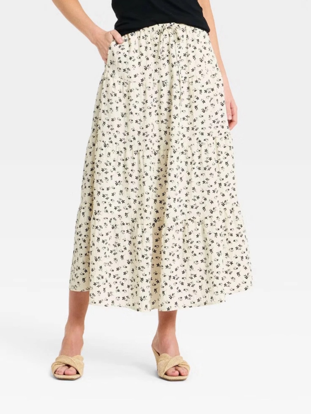 A New Day Women's Tiered Skirt - Cream/Black Floral - XS